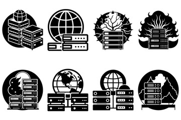 Poster - Collection of server icons with globes, trees, and mountain silhouettes in black and white style