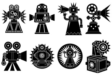 Poster - Collection of eight black and white robot camera designs in various shapes and configurations art
