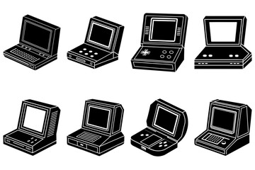 Poster - Collection of eight retro style arcade game consoles in black and white isometric view illustration