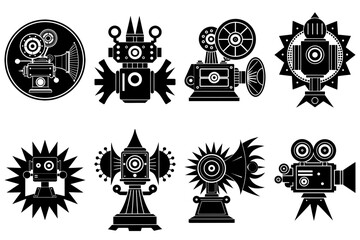 Poster - Collection of eight black and white steampunk inspired camera and projector illustrations on white background