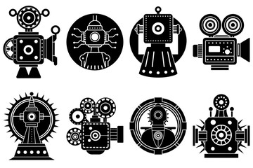 Poster - A collection of eight black and white steampunk robot illustrations with various designs and shapes