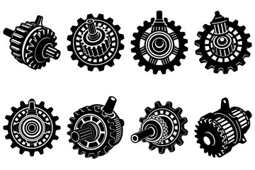 Poster - Illustration of eight different mechanical gear designs in black and white with intricate details shown well
