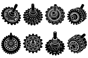 Poster - Isometric illustration of eight black and white gears and shafts in varying orientations and designs