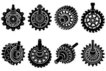 Poster - Illustration showing eight mechanical gears and cogs in black and white detailed drawing style set