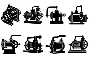 Poster - Illustration showcasing various industrial water pumps in black silhouette on a white background design set