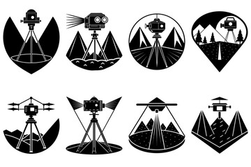 Poster - Collection of black and white vector illustrations featuring stylized cameras on tripods in nature scenes