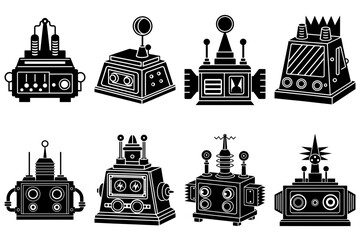 Poster - Collection of eight retro style black and white robots with various shapes and antenna designs shown