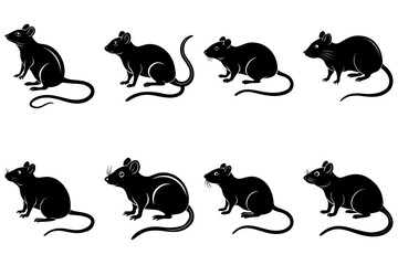 Poster - Silhouette illustration of eight black mice in various poses against a white background design element