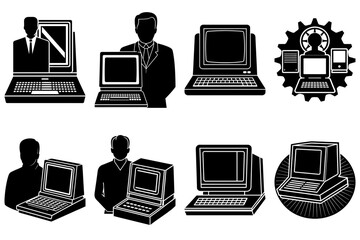Poster - Illustrations of various computer setups including laptops desktops and human silhouettes in black and white