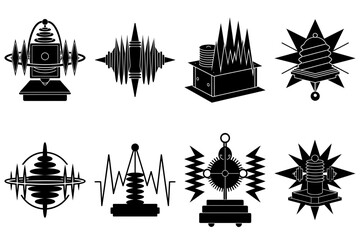Poster - Collection of eight stylized black and white science fiction devices and machines in various arrangements