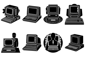 Poster - Collection of vintage computer designs in black and white isometric view with various shapes and styles