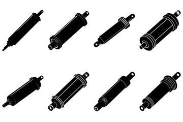 Poster - A collection of eight hydraulic cylinders depicted in a black and white technical drawing style layout
