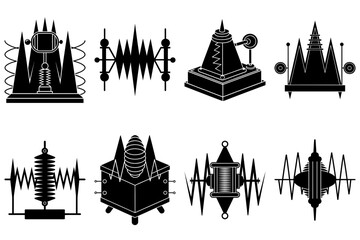 Poster - Collection of eight abstract black steampunk device illustrations on a white background in vector format