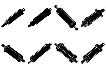 Poster - Illustration showing a collection of hydraulic cylinders in various orientations and designs in black