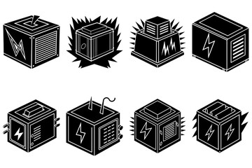 Poster - Isometric black and white illustration of eight stylized power generators with lightning bolts design