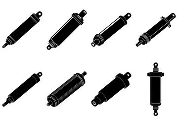 Poster - A collection of eight black and white hydraulic cylinders in varying sizes and orientations shown together