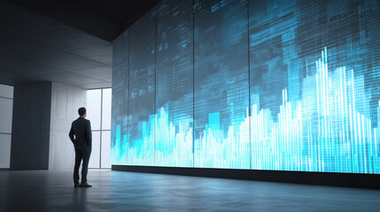 Poster - A man is standing in front of a large blue screen