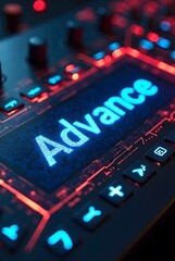 Poster - Red and blue lighting illuminate a hightech control panel displaying the word Advance in vibrant blue digital lettering, vertical composition.