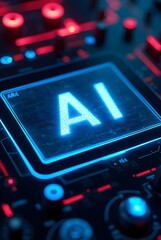 Poster - A closeup view of a glowing AI screen embedded within a complex technological control panel, vertical composition.