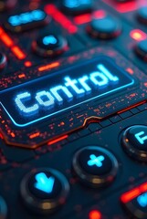 Poster - Futuristic control panel with Illuminated buttons and the word Control in vibrant neon, showcasing advanced technology and digital power, vertical composition.