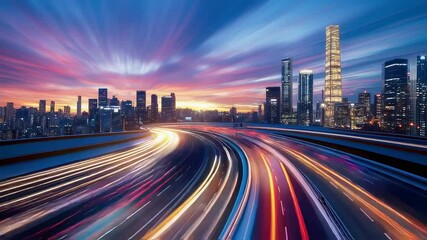 Poster - Curved highway with colorful light trails showing dynamic movement through urban landscape at sunset with skyscrapers in background. Long exposure technique capturing traffic motion.