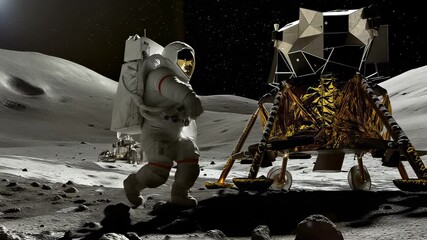 Wall Mural - astronaut in white spacesuit exploring lunar terrain near robotic rover and lunar landing module. ro