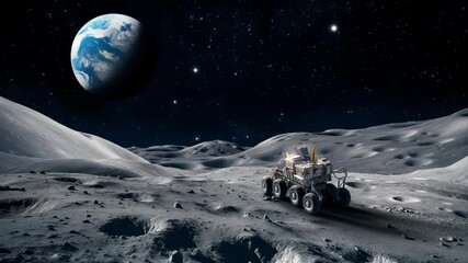 Wall Mural - robotic exploration vehicle traversing lunar surface with earth rising in distant starry sky. rugged