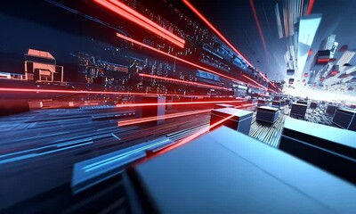 Fototapete - Digital technology concept with blue and red light streaks on the background of an abstract futuristic scene featuring cargo ships, cyberspace graphics,