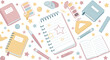 © Maureen - Artistic stationery pattern with notebooks, stars, and painting tools in pastel colors