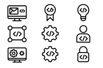 Poster - Minimalistic coding icon set: technology, software, and innovation symbols