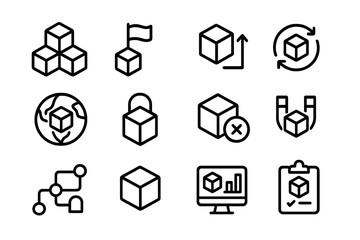 Poster - Set of linear blockchain icons with technology and data symbols on dark background