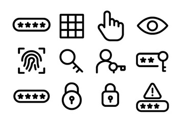 Poster - Security icons set: passwords, fingerprint, locks, and more in linear design