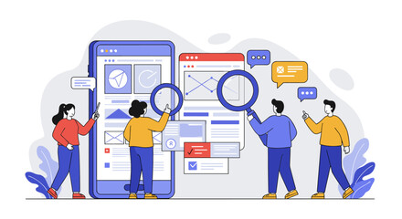 Poster - Collaborative teamwork in mobile app design with illustrative elements