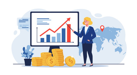 Poster - Businesswoman presenting financial growth with rising bar graph and world map