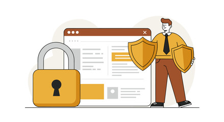 Poster - Cybersecurity concept with person and shields protecting online data in flat design