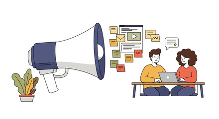 Poster - Team collaboration and digital marketing concept with megaphone and workspace