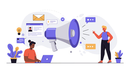 Poster - Digital marketing team collaboration with megaphone and online communication concepts