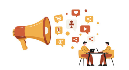 Poster - Digital marketing communication with social media on laptops