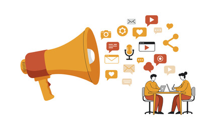 Poster - Loudspeaker and digital communication icons with team collaboration