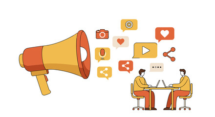Poster - Digital marketing communication in modern workspace with megaphone and social media elements
