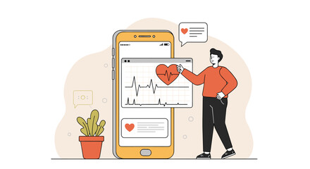 Poster - Healthcare app interaction: modern flat design depicting user engaging with heart monitoring features