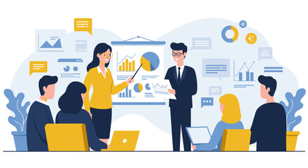 Poster - Business team meeting with charts and presentation in modern office setting