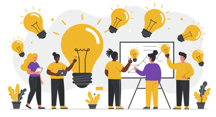 Poster - Diverse team collaborating on innovative ideas with light bulbs and charts