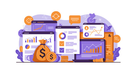 Poster - Flat design financial analytics dashboard with graphs and charts in modern style