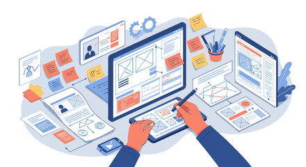 Aufkleber - Designing a responsive website in isometric view with creative interface elements