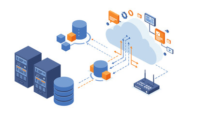 Poster - Isometric cloud computing concept with servers and data exchange