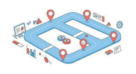 Poster - Isometric route planning with 3d location pins and infographic elements