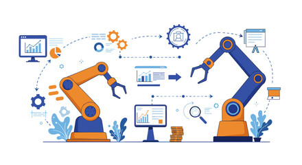 Poster - Automated manufacturing process with robotic arms and data analysis elements