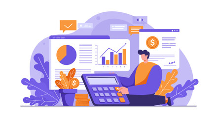 Poster - Financial data analysis with calculator and graphs in modern flat style