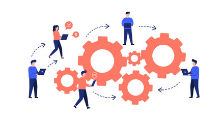 Poster - Team collaboration and workflow with gears and business icons